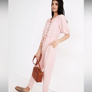 MADEWELL, 
JUMPSUIT LINEN-BLEND PUFF-SLEEVE TASSEL-TIE
brand new no tag